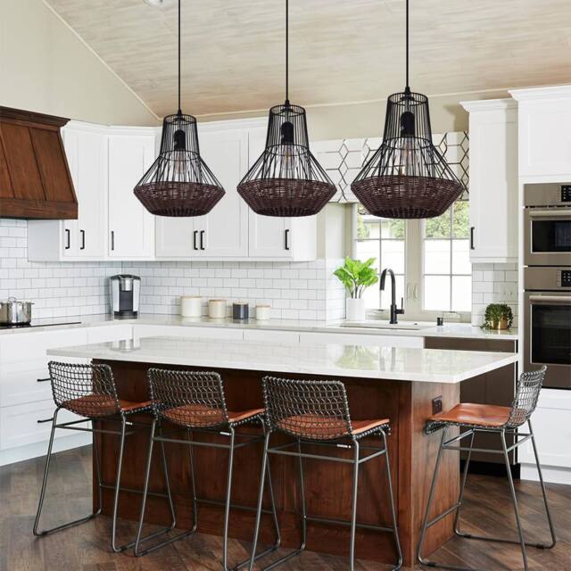 Living and Home Geometric Rattan and Iron Pendant Light in Brown - image 1
