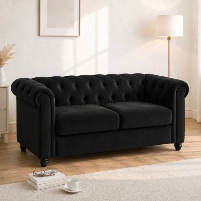 Sofaya Hampton 2 Seater Chesterfield Sofa Velvet Cushion Couch in Black - image 1