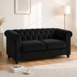Sofaya Hampton 2 Seater Chesterfield Sofa Velvet Cushion Couch in Black - thumbnail 1