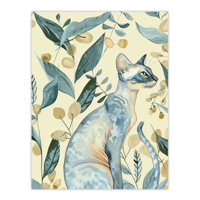"Artery8 Cat Lover Teal Tan Oriental Shorthair Portrait Wall Art Print in Blue - Size: W24"" x H32""" - image 1