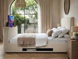 Flair Megane Boucle Side Lift TV Ottoman Bed in Cream - Size: King - thumbnail 2