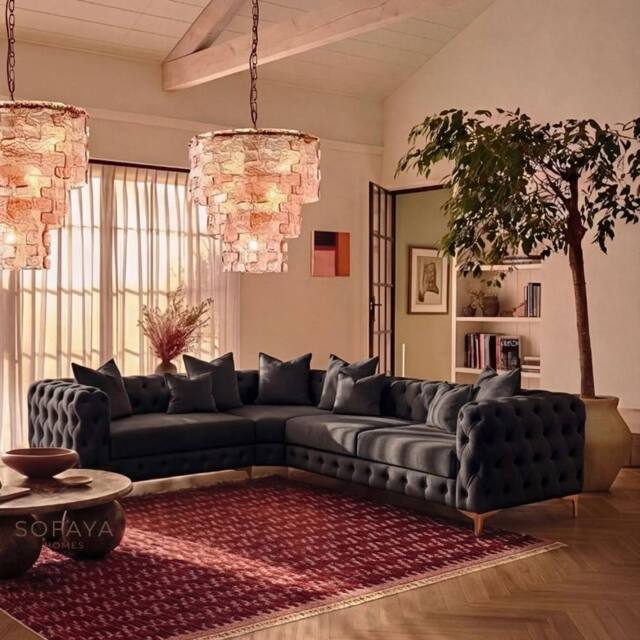 Sofaya Monaco 4 Seater Corner Sofa Chesterfield Velvet Left Hand Chaise in Black - Size: 4 Person - image 1