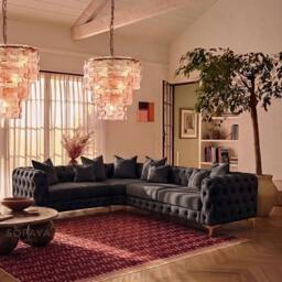 Sofaya Monaco 4 Seater Corner Sofa Chesterfield Velvet Left Hand Chaise in Black - Size: 4 Person - thumbnail 1