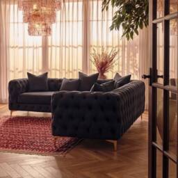 Sofaya Monaco 4 Seater Corner Sofa Chesterfield Velvet Left Hand Chaise in Black - Size: 4 Person - thumbnail 3