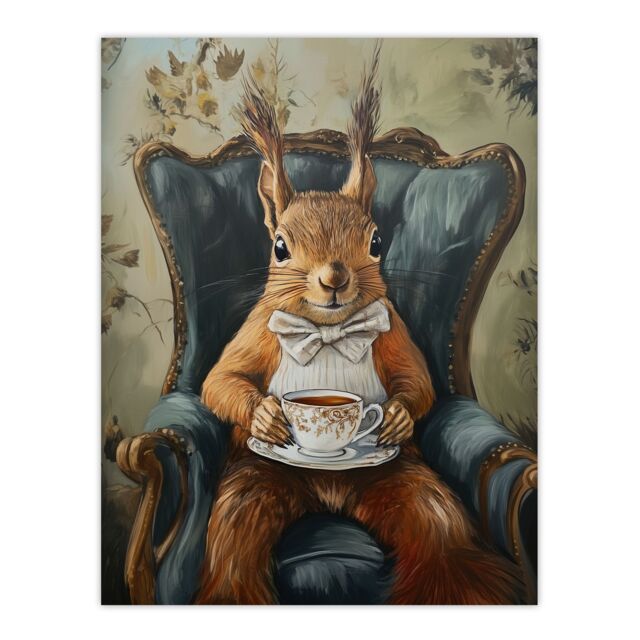 "Artery8 Red Squirrel Bow Tie Tea Time Armchair Portrait Wall Art Print in Brown - Size: W24"" x H32""" - image 1