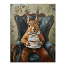 "Artery8 Red Squirrel Bow Tie Tea Time Armchair Portrait Wall Art Print in Brown - Size: W24"" x H32""" - thumbnail 1