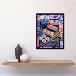 Artery8 Sushi Colourful Stylised Food Flatlay Painting Framed Art Print in Pink - Size: A4 - thumbnail 4