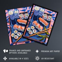 Artery8 Sushi Colourful Stylised Food Flatlay Painting Framed Art Print in Pink - Size: A4 - thumbnail 2