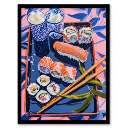 Artery8 Sushi Colourful Stylised Food Flatlay Painting Framed Art Print in Pink - Size: A4 - thumbnail 1