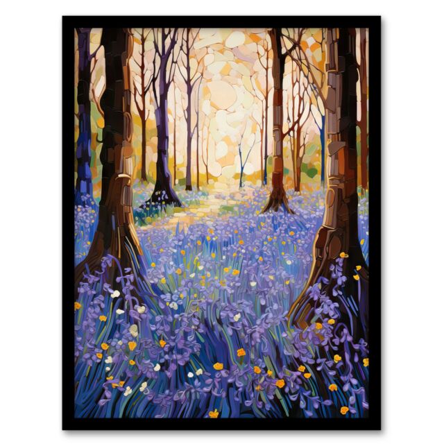 "Artery8 Majestic Bluebells In Spring Wood Carpet Of Purple Flowers Art Print Framed Poster Wall Decor in Black - Size: W12"" x H16""" - image 1
