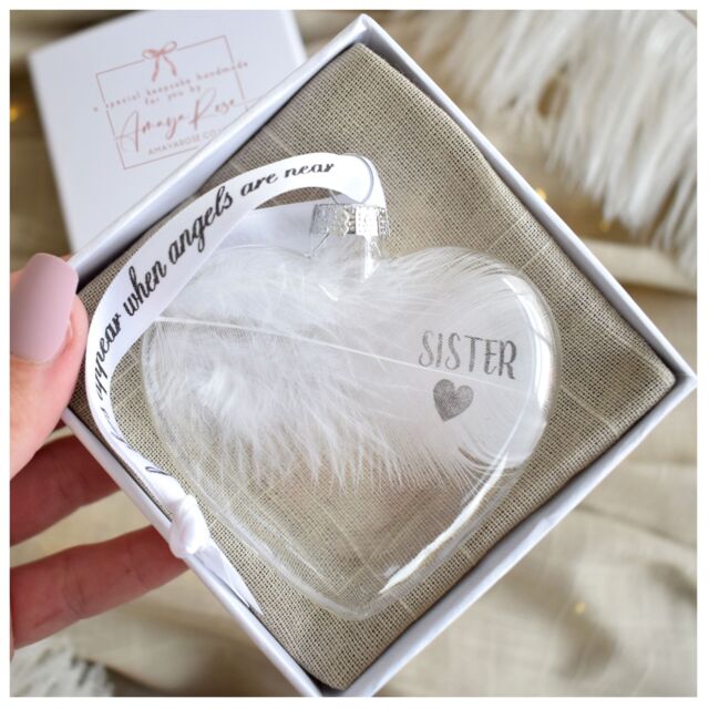 Amaya Rose Ltd In Memory of SISTER Feather Heart Bauble Gift Boxed in Clear