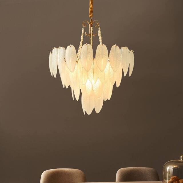 Wyld and Coco 60cm Brass Chandelier Pendant Frosted Glass Leaves and Pearl Beaded in Bronze - image 1