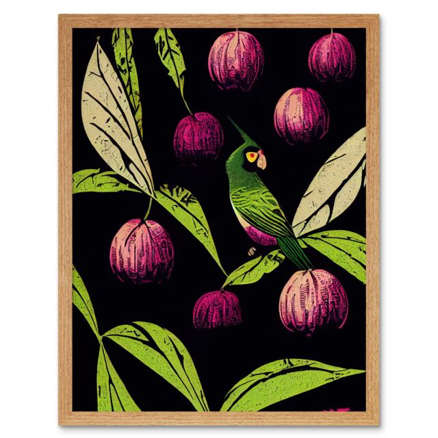 "Artery8 Wall Art Print Parrot in Tree Fruit Bright Green & Purple Black Colour Linocut Modern Vintage Art Framed in Light Oak - Size: W12"" x H16""" - image 1