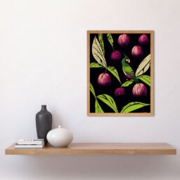 "Artery8 Wall Art Print Parrot in Tree Fruit Bright Green & Purple Black Colour Linocut Modern Vintage Art Framed in Light Oak - Size: W12"" x H16""" - thumbnail 2