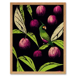 "Artery8 Wall Art Print Parrot in Tree Fruit Bright Green & Purple Black Colour Linocut Modern Vintage Art Framed in Light Oak - Size: W12"" x H16""" - thumbnail 1