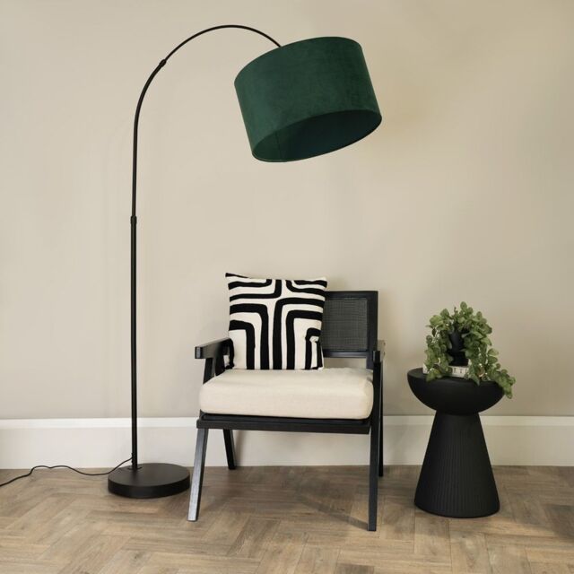 ValueLights Louis Black Arched Curved Floor Lamp with Velvet Drum Lamp Shade in Bottle Green - image 1