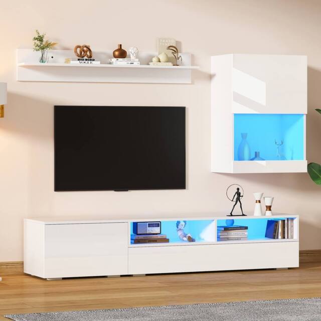 Rolipo White High Gloss TV Wall Unit Set with LED Lights for 80 Inch TV - image 1