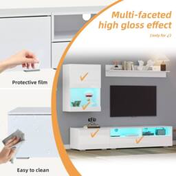 Rolipo White High Gloss TV Wall Unit Set with LED Lights for 80 Inch TV - thumbnail 7