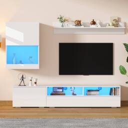 Rolipo White High Gloss TV Wall Unit Set with LED Lights for 80 Inch TV - thumbnail 3