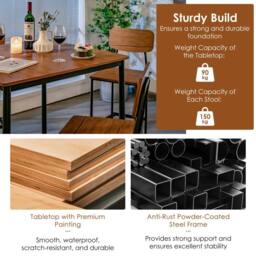 Costway 5PCS Industrial Dining Table Set Kitchen Bar Counter Height Table & 4 Stools in Brown - thumbnail 5