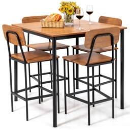 Costway 5PCS Industrial Dining Table Set Kitchen Bar Counter Height Table & 4 Stools in Brown - thumbnail 1
