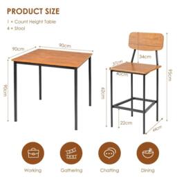 Costway 5PCS Industrial Dining Table Set Kitchen Bar Counter Height Table & 4 Stools in Brown - thumbnail 2