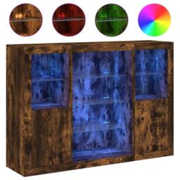 Berkfield Home Sideboards with LED Lights 3 pcs Smoked Oak Engineered Wood in Brown - thumbnail 1