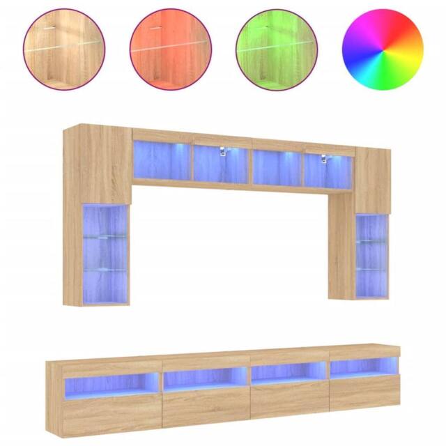 Berkfield Home 8 Piece TV Wall Cabinet Set with LED Lights Sonoma Oak in Tan - image 1