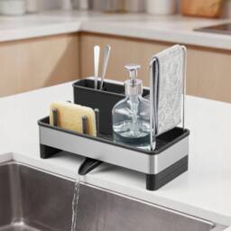 Kelvenix Kitchen Sink Caddy Tidy Sink Organiser with Sponge Holder in Silver - thumbnail 3