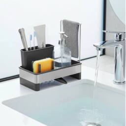 Kelvenix Kitchen Sink Caddy Tidy Sink Organiser with Sponge Holder in Silver - thumbnail 4