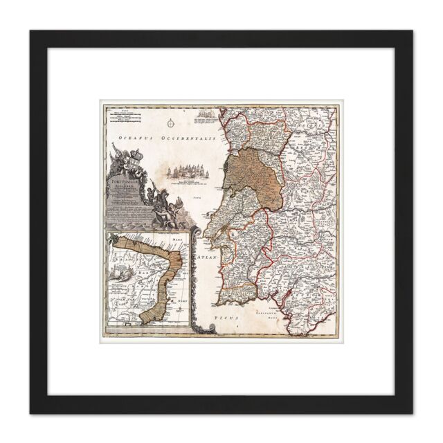 Artery8 Map Antique 1704 Homann Portugal Brazil Old Replica 8X8 Inch Square Wooden Framed Wall Art Print Picture with Mount in Black - image 1
