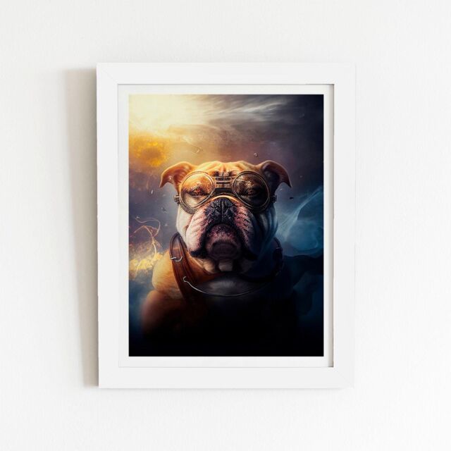 "Warren Reed - Designer Bulldog With Glasses Splashart Golden Framed Art Print in White - Size: W24"" x H36""" - image 1