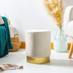 Harbour Housewares Velvet Round Pouffe Footrest Ottoman Stool - 29 x 36cm in Cream - Size: 29 x 36 cm - thumbnail 2