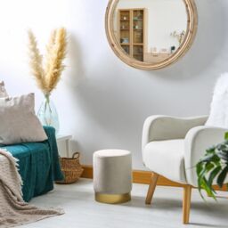 Harbour Housewares Velvet Round Pouffe Footrest Ottoman Stool - 29 x 36cm in Cream - Size: 29 x 36 cm - thumbnail 6