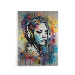 "Artery8 Woman With Headphones Music Paint Splat Canvas Wall Art Print - Size: W12"" x H16""" - thumbnail 1