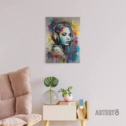 "Artery8 Woman With Headphones Music Paint Splat Canvas Wall Art Print - Size: W12"" x H16""" - thumbnail 3