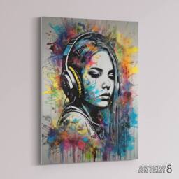 "Artery8 Woman With Headphones Music Paint Splat Canvas Wall Art Print - Size: W12"" x H16""" - thumbnail 2