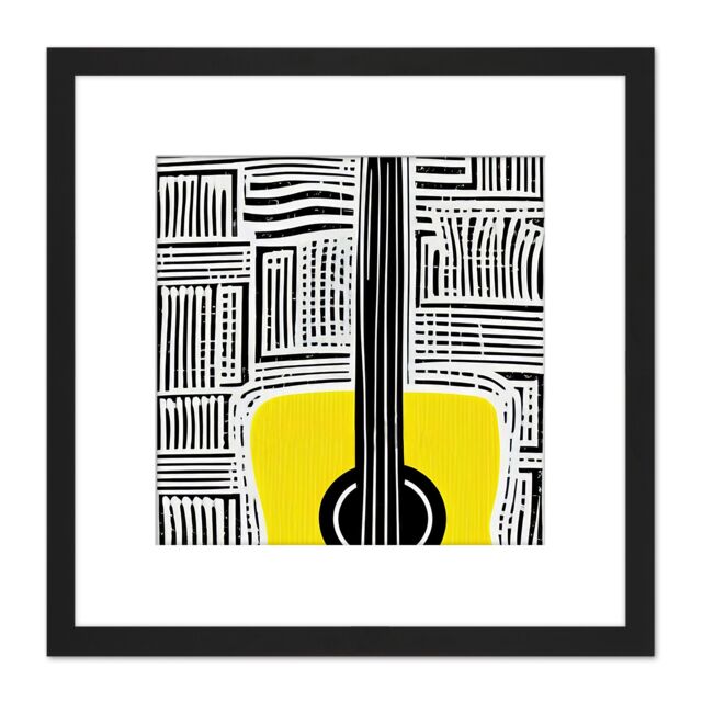 Artery8 Abstract Guitar Boho Yellow Acoustic Lines Music Illustration Square Wooden Framed Wall Art Print Picture 8X8 Inch in Black - image 1