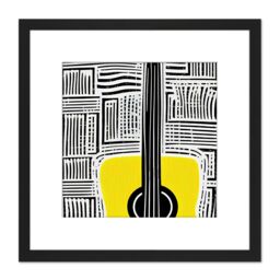 Artery8 Abstract Guitar Boho Yellow Acoustic Lines Music Illustration Square Wooden Framed Wall Art Print Picture 8X8 Inch in Black - thumbnail 1