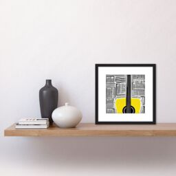 Artery8 Abstract Guitar Boho Yellow Acoustic Lines Music Illustration Square Wooden Framed Wall Art Print Picture 8X8 Inch in Black - thumbnail 2