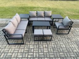 Fimous Aluminium 9 Seater Garden Furniture Outdoor Patio Sofa Set with Rectangular Coffee Table Armchair 2 Small Footstool 2 Side Tables in Dark Grey - thumbnail 2