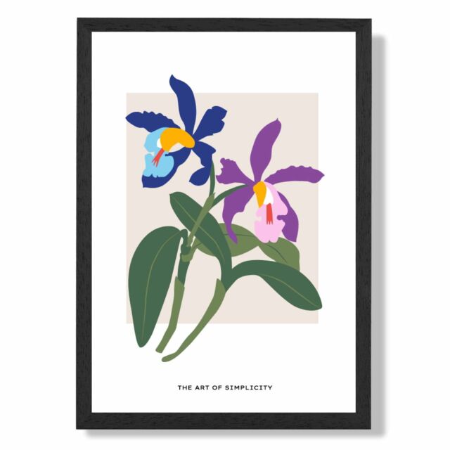 ARTZE Blue & Purple irises Flower Market Simplicity Framed Print SIZE: A4 with Black Frame in Mid Blue - image 1