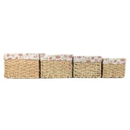 Red Hamper Set of 4 Thatch Grass Woven Storage Basket with Garden Rose Cotton Lining in Brown - thumbnail 3