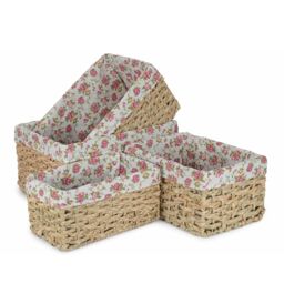 Red Hamper Set of 4 Thatch Grass Woven Storage Basket with Garden Rose Cotton Lining in Brown