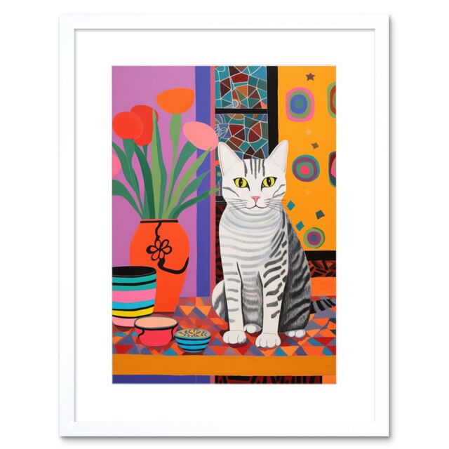 Artery8 Wall Art Print The Stripey Cat Sits Artwork Potted Flower Plant Henri Matisse Style Painting Home Bold Bright Vibrant Folk Artwork Framed 9X7 - image 1