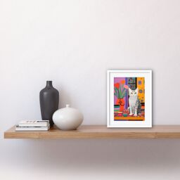 Artery8 Wall Art Print The Stripey Cat Sits Artwork Potted Flower Plant Henri Matisse Style Painting Home Bold Bright Vibrant Folk Artwork Framed 9X7 - thumbnail 2