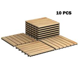 Gymax 10-Piece 30cm x 30cm Wooden Tiles Cuttable Interlocking Deck Floor Tile in Light Khaki - Size: 10 Pack