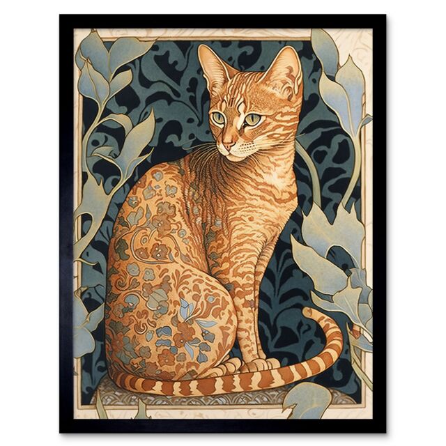 "Artery8 Wall Art Print Ocicat Cat with Flower Pattern Fur Coat Art Nouveau Watercolour Art Framed in Orange - Size: W12"" x H16""" - image 1