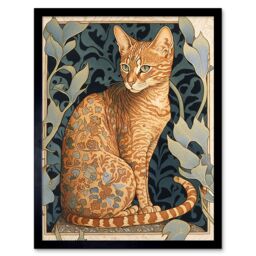 "Artery8 Wall Art Print Ocicat Cat with Flower Pattern Fur Coat Art Nouveau Watercolour Art Framed in Orange - Size: W12"" x H16""" - thumbnail 1