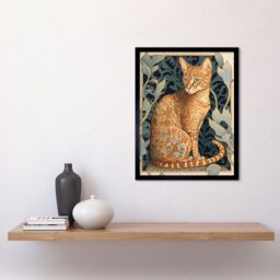 "Artery8 Wall Art Print Ocicat Cat with Flower Pattern Fur Coat Art Nouveau Watercolour Art Framed in Orange - Size: W12"" x H16""" - thumbnail 2